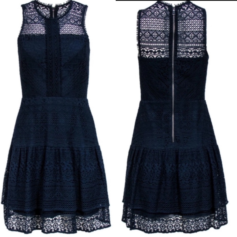 Parker  Navy Lace A-Line Dress Sz S NWT Stealth Lace Sleeveless Lined Ruffles